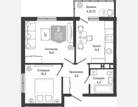 2-комн. квартира, 46.40 м², 8/24 этаж фото 0