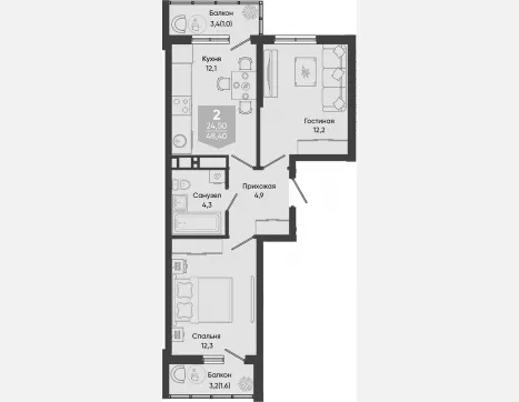 2-комн. квартира, 45.80 м², 5/24 этаж фото 0