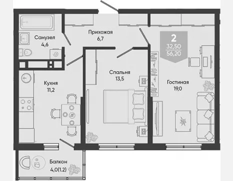 2-комн. квартира, 55 м², 12/24 этаж фото 0