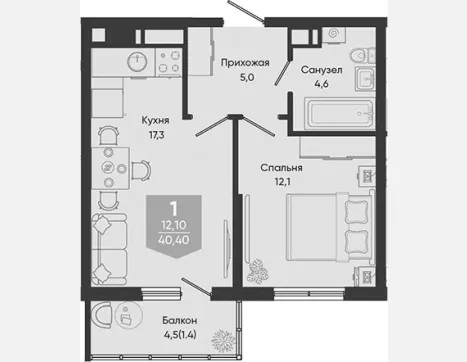 2-комн. квартира, 39 м², 24/24 этаж фото 0