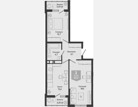 2-комн. квартира, 56.10 м², 3/24 этаж фото 0