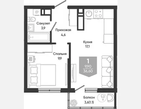 2-комн. квартира, 35.50 м², 22/24 этаж фото 0