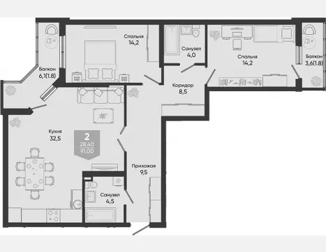 3-комн. квартира, 87.40 м², 2/24 этаж фото 0