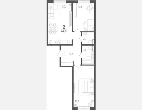 2-комн. квартира, 69 м², 1/15 этаж фото 0