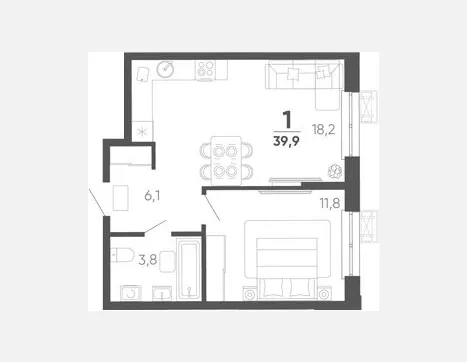 1-комн. квартира, 39.90 м², 2/15 этаж фото 0