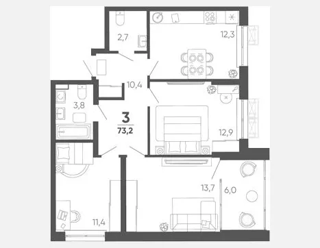 3-комн. квартира, 67.20 м², 3/15 этаж фото 0