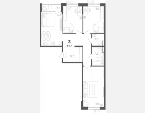 3-комн. квартира, 82.90 м², 5/15 этаж фото 0