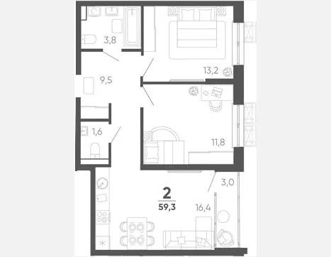 2-комн. квартира, 56.30 м², 3/15 этаж фото 0