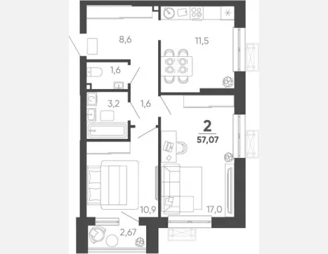 2-комн. квартира, 56.27 м², 24/24 этаж фото 0