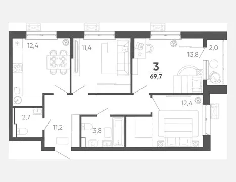 3-комн. квартира, 67.70 м², 11/15 этаж фото 0