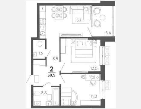 2-комн. квартира, 53.10 м², 3/15 этаж фото 0