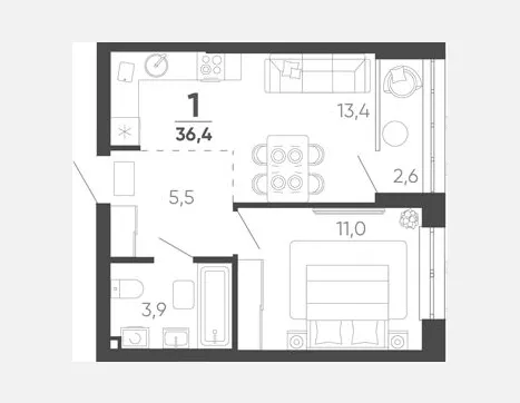 1-комн. квартира, 35.10 м², 18/24 этаж фото 0