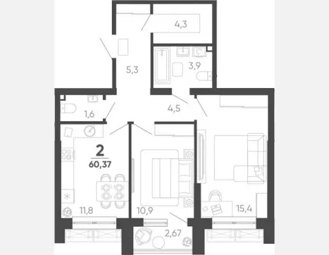 2-комн. квартира, 59.57 м², 12/24 этаж фото 0