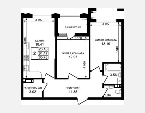 2-комн. квартира, 64.47 м², 7/8 этаж фото 0