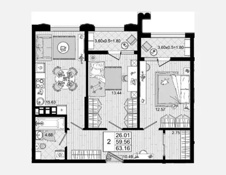 2-комн. квартира, 59.56 м², 3/8 этаж фото 0