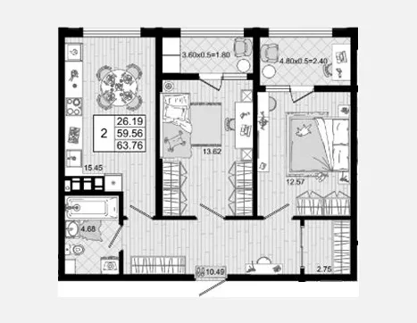 2-комн. квартира, 59.56 м², 2/8 этаж фото 0