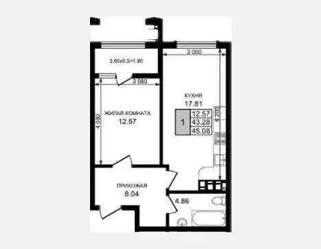 1-комн. квартира, 43.28 м², 8/8 этаж фото 0