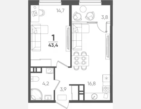 1-комн. квартира, 39.60 м², 3/9 этаж фото 0
