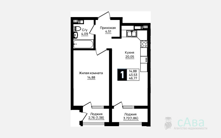 <span>Продается 1-комн. квартира,</span><span>43.53 м², 4/9 этаж </span> фото 0