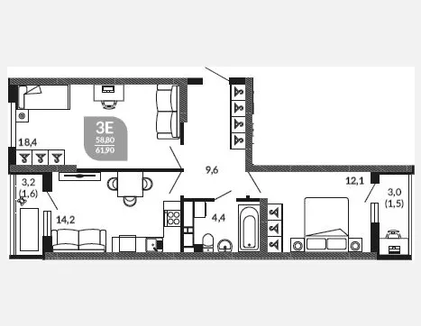 3-комн. квартира, 58.70 м², 23/23 этаж фото 0