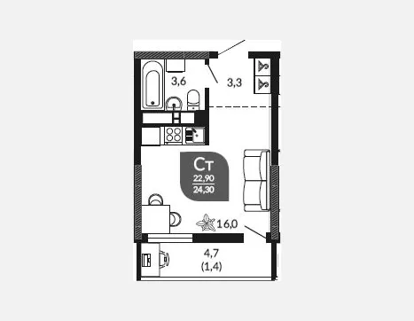 студия, 22.90 м², 23/23 этаж фото 0