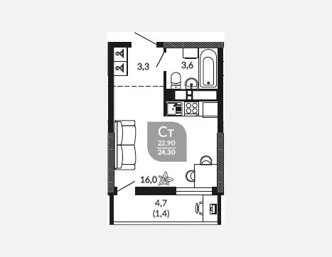 3-комн. квартира, 53.70 м², 18/23 этаж фото 3