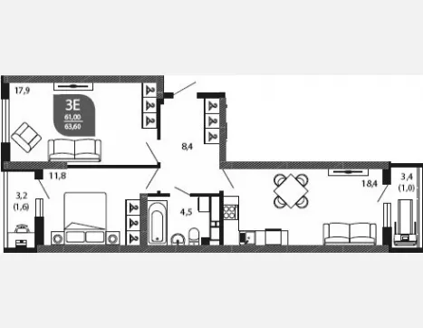 3-комн. квартира, 61 м², 22/23 этаж фото 0
