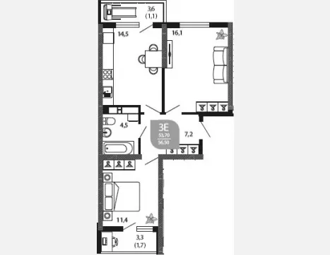 3-комн. квартира, 53.70 м², 18/23 этаж фото 0
