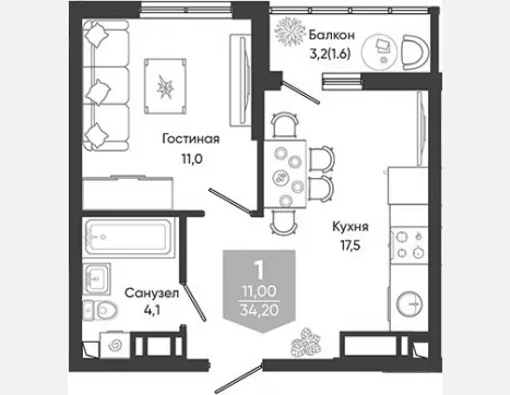 2-комн. квартира, 32.60 м², 19/24 этаж фото 0