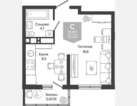 1-комн. квартира, 31.40 м², 22/24 этаж фото 0
