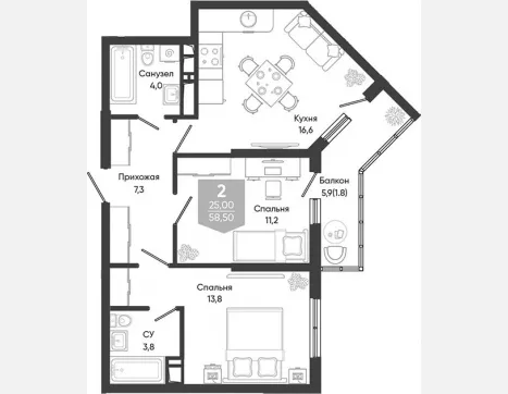 3-комн. квартира, 56.70 м², 14/24 этаж фото 0