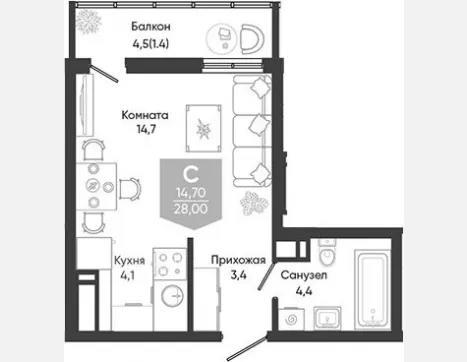студия, 26.60 м², 17/24 этаж фото 0