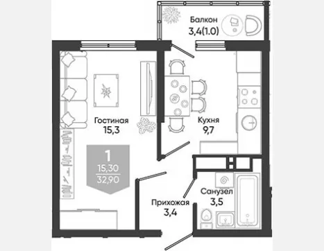 1-комн. квартира, 31.90 м², 3/24 этаж фото 0