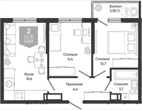 3-комн. квартира, 48.80 м², 22/24 этаж фото 0