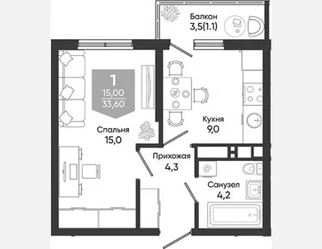 1-комн. квартира, 32.50 м², 3/24 этаж фото 0
