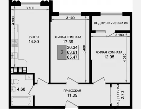 2-комн. квартира, 63.61 м², 4/8 этаж фото 0