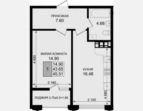 1-комн. квартира, 43.66 м², 4/8 этаж фото 0