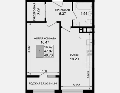 1-комн. квартира, 47.87 м², 4/8 этаж фото 0