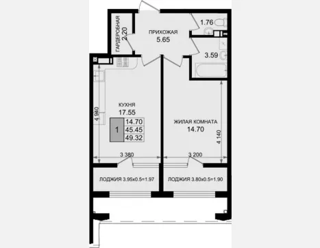1-комн. квартира, 45.45 м², 4/8 этаж фото 0