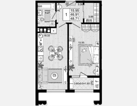 1-комн. квартира, 46.91 м², 4/8 этаж фото 0