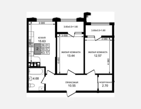 2-комн. квартира, 59.57 м², 4/8 этаж фото 0