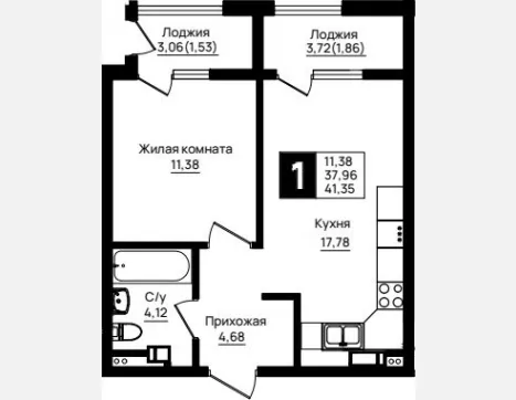 1-комн. квартира, 37.96 м², 9/9 этаж фото 0
