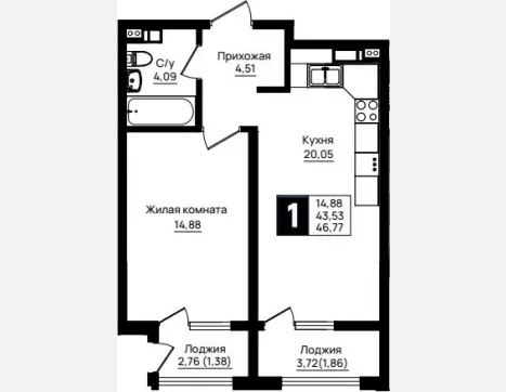 1-комн. квартира, 43.53 м², 2/9 этаж фото 0