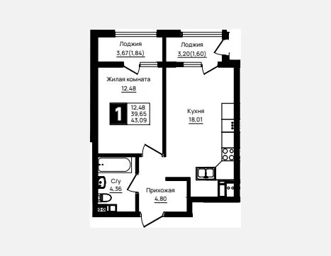 1-комн. квартира, 39.65 м², 2/18 этаж фото 0