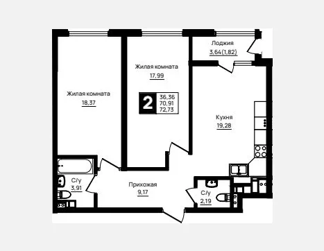 2-комн. квартира, 70.91 м², 2/18 этаж фото 0