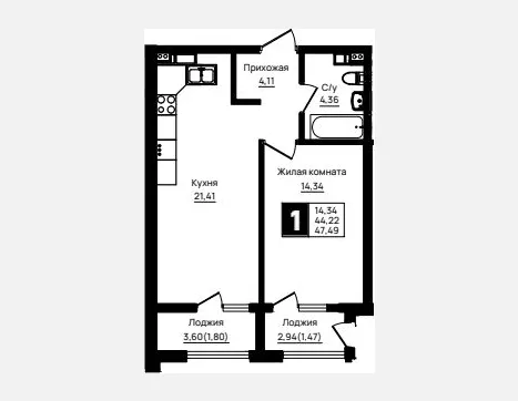 1-комн. квартира, 44.22 м², 2/18 этаж фото 0