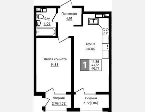 1-комн. квартира, 43.53 м², 3/9 этаж фото 0